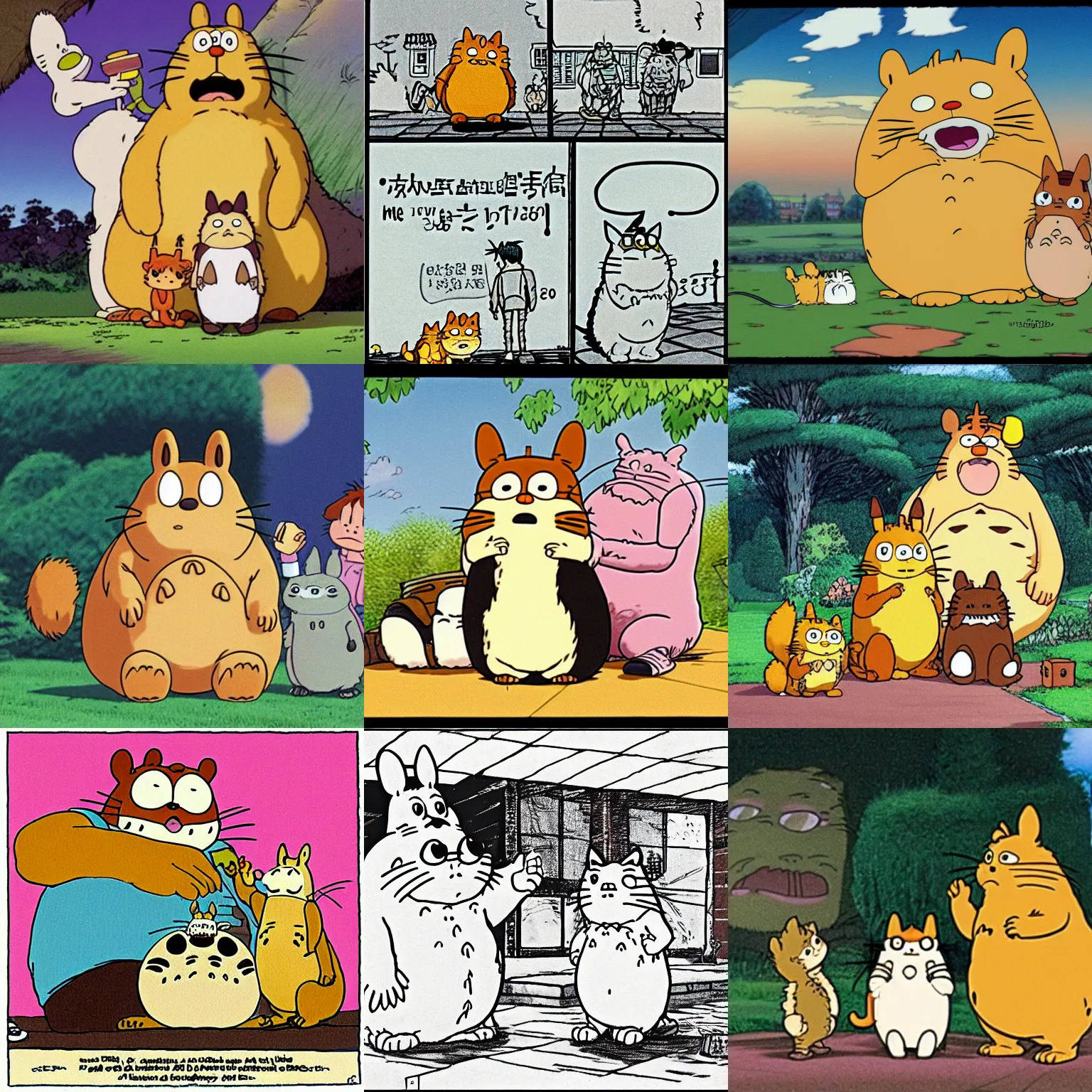 Prompt: garfield as totoro in my neighbor totoro ( 1 9 8 8 ), with odie and nermal and jon, by jim davis