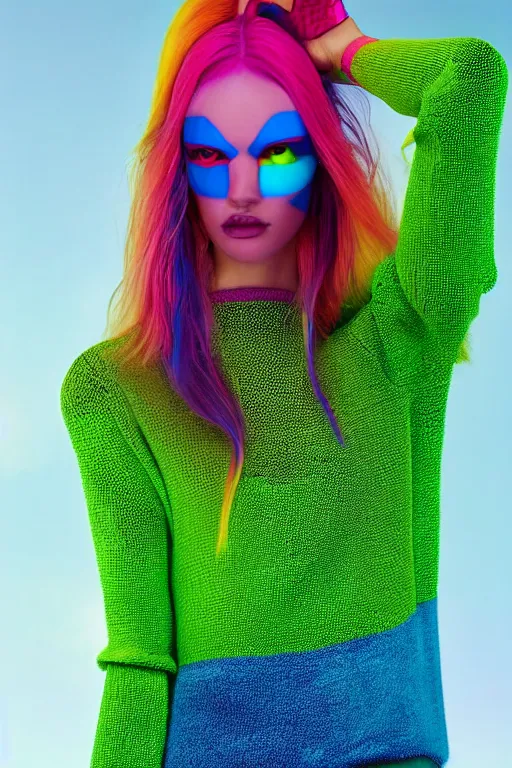 Prompt: stylish pullover for a rave bright colors, many details, photo for a magazine, photo for a store, fashion photography, Vogue, cinematic, hyper realism, high detail, 8k, very coherent symmetrical work, perfect face model, full length photo, Upper and lower body,Soft shadows on the face, white eyes, photographer style by Nik Night Erik Madigan Hec and Walter Chin and Camilla Akrans and Miles Aldridge