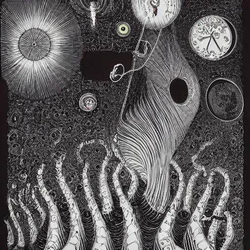 Image similar to empty black void, extremely detailed intricate colorful masterpiece by dr. seuss and max ernst