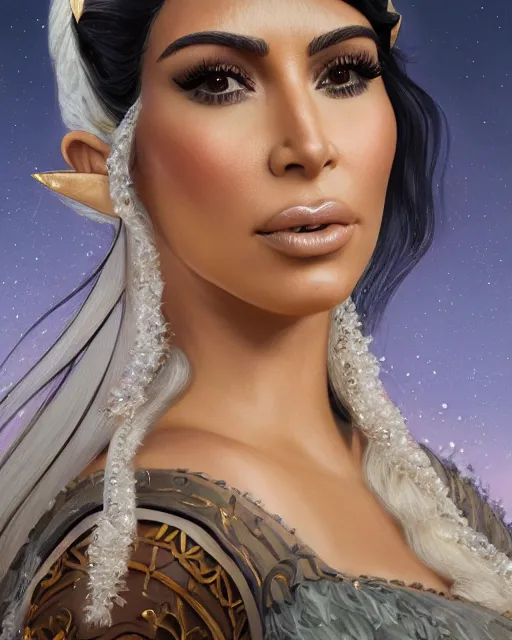 Image similar to A film still of kim kardashian as princess zelda in real life, highly detailed, digital painting, artstation, concept art, sharp focus, illustration, cinematic lighting, art by artgerm and greg rutkowski and alphonse mucha diffuse lighting, fantasy, intricate, elegant, highly detailed, lifelike, photorealistic, digital painting, artstation, illustration, concept art, smooth, sharp focus, art by John Collier and Albert Aublet and Krenz Cushart and Artem Demura and Alphonse Mucha