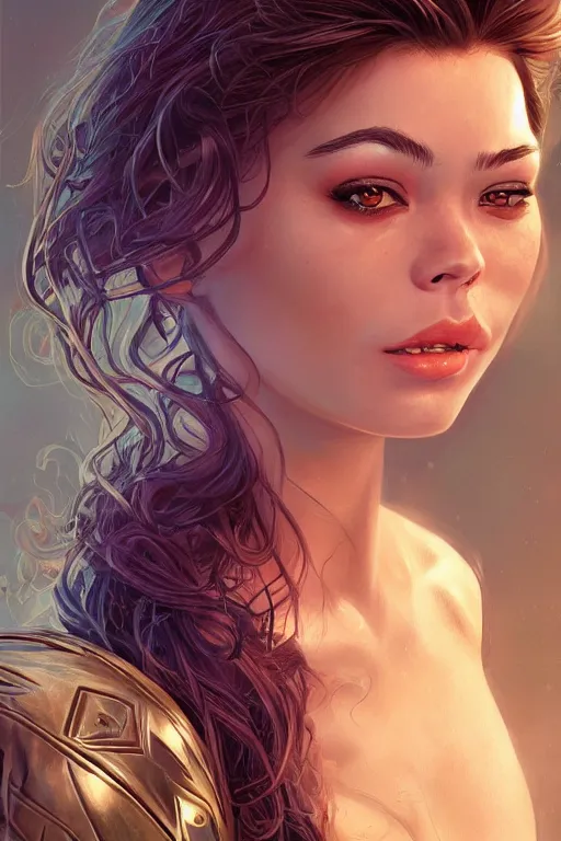 Image similar to fantasy comic book style portrait of a gorgeous teen model with ringlets who looks like miranda cosgrove, hyper realistic, illustration, trending on artstation, HD, 4k, 8k, intricate detailed anatomy, character design, by james gurney and tom bagshaw