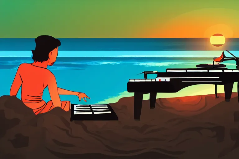 Image similar to a diskjockey making music in a beautiful beach, sunset, digital illustration