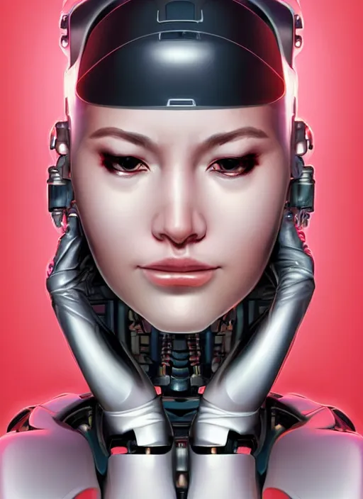 Image similar to portrait of a cyborg woman who turns her head to the (((((right+20))))) left+350 (((((up))))) (((((down))))) by Artgerm,eyes closed , biomechanical, hyper detailled, trending on artstation