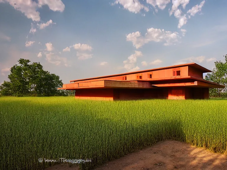 Prompt: hyperrealism colour design by frank lloyd wright and kenzo tange photography from 5 point of perspective of beautiful detailed small solarpunk house with many details in small detailed ukrainian village designed by taras shevchenko and wes anderson and caravaggio, wheat field behind the house, around the forest volumetric natural light