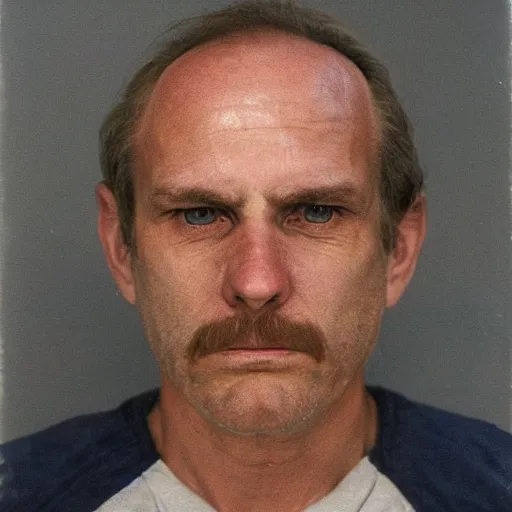 Image similar to A mugshot portrait of a middle aged older man who looks like Jerma985 with a receding hairline and short mid-length wavy hair, wearing mid-1980s menswear in the late 2008, taken in the late 1980s, grainy, realistic, hyperrealistic, very realistic, highly detailed, very detailed, extremely detailed, detailed, trending on artstation, front facing, front view, headshot and bodyshot, detailed face, very detailed face