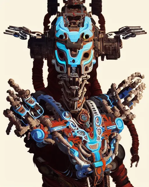 Image similar to portrait of a machine from horizon zero dawn, machine face, upper body, decorated with chinese opera motifs, asian, traditional chinese art, intricate, elegant, highly detailed, digital painting, artstation, concept art, smooth, sharp focus, illustration, art by artgerm and greg rutkowski and alphonse mucha, 8 k