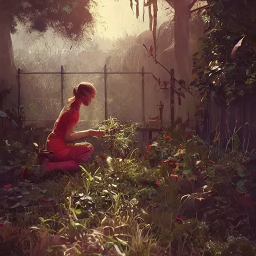 Image similar to girl is working in garden with pruning shears, artstation greg rutkowski, cinematic