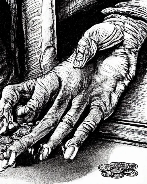 Image similar to pen and ink drawing of a goblin merchant holding out his palm to show gold coins, by steve jackson and ian livingstone, highly detailed