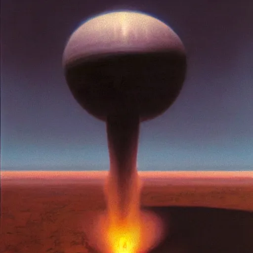 Prompt: powerful chilled land pearnuclear explosion phantasm, by chesley bonestell and beeple, oil on canvas, child's drawing
