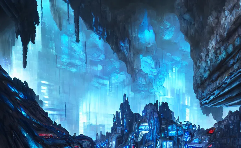 Prompt: cyberpunk factory in a giant dark cave, black rocks cave, detailed cave stones, deep cave, dramatic light, blue crystals, hyper detailed, realistic, intricate, concept art by frank hong, mate painting, artstation