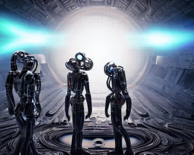 Image similar to love, joy, realistic textured magnetosphere humanoids, complex cybernetic glowing vortexes, large array, ornate, cinematic light shadows, hdr refractions, insanely detailed rendering, cybernetic civilisations, 8 k, *