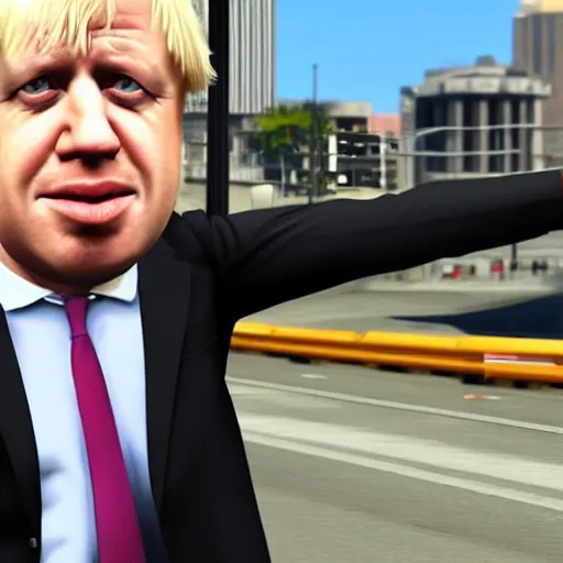Image similar to a screenshot of boris johnson in the gta v. 3 d rendering. unreal engine. amazing likeness. very detailed. cartoon caricature