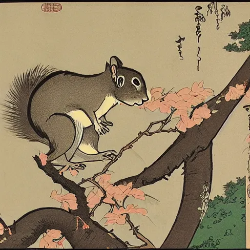 Image similar to squirrels posing, style of Hokusai,