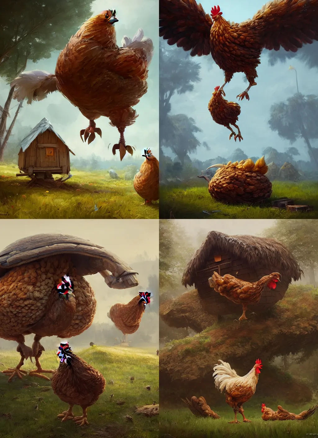 Prompt: hut over two giant chicken's legs without chicken, greg rutkowski, zabrocki, karlkka, jayison devadas, trending on artstation, 8 k, ultra wide angle, zenith view, pincushion lens effect