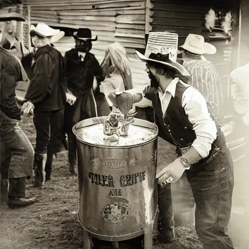 Prompt: A cowboy drinking straight from the beer keg, block party, wild west