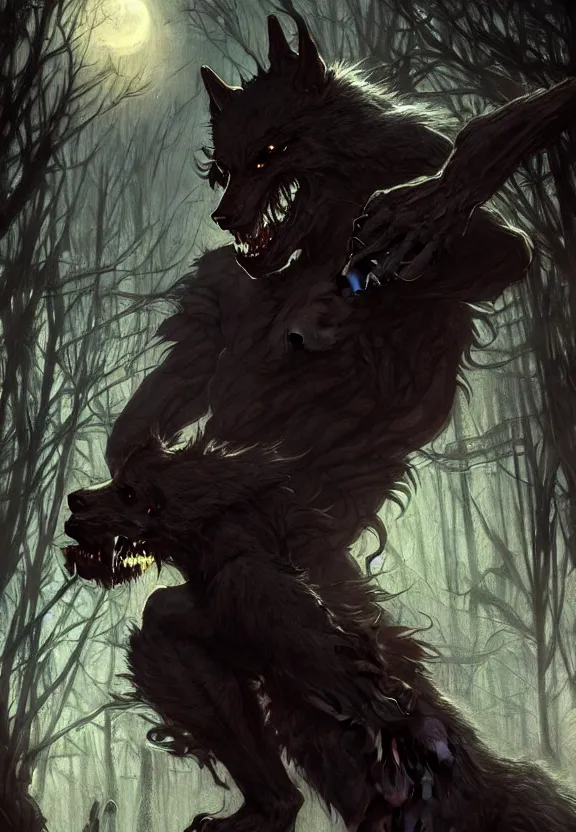 Prompt: encounter with a monstrous werewolf at a spooky old cemetery, fantasy magic, dark light night, horror, sharp focus, illustration, highly detailed, digital painting, concept art, matte, art by WLOP and Artgerm and Greg Rutkowski and Alphonse Mucha, masterpiece
