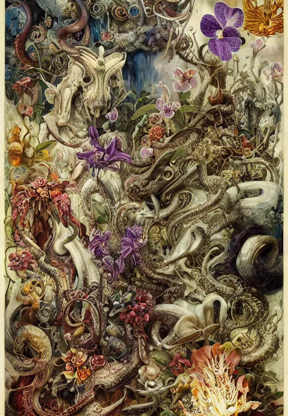 Image similar to simplicity, elegant, colorful muscular eldritch animals and mollusks and bones radiating from fractal, orchids, lilies, flowers, dragonflies, mandalas, by h. r. giger and esao andrews and maria sibylla merian eugene delacroix, gustave dore, thomas moran, pop art, cyberpunk, art nouveau