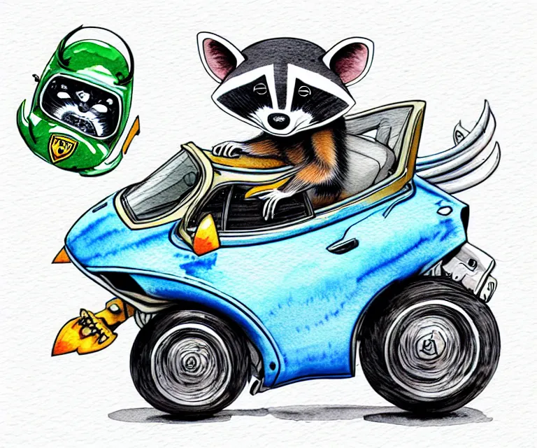 Prompt: cute and funny, racoon wearing a helmet riding in a tiny 2 0 2 0 lamborghini huracan sto, ratfink style by ed roth, centered award winning watercolor pen illustration, isometric illustration by chihiro iwasaki, edited by range murata