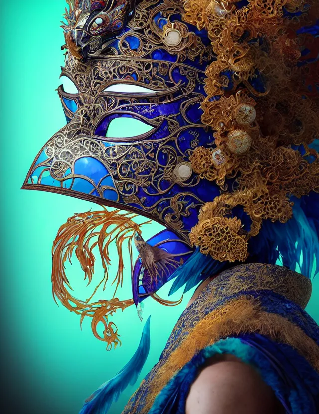 Image similar to 3 d shaman in venetian mask close - up profile portrait. beautiful intricately detailed japanese crow kitsune mask and clasical japanese kimono. betta fish, jellyfish phoenix, bio luminescent, plasma, ice, water, wind, creature, artwork by tooth wu and wlop and beeple and greg rutkowski