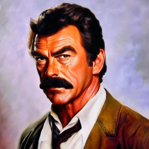 Image similar to ultra realistic portrait painting of tom selleck as dutch van der linde, art by frank frazetta, 4 k, ultra realistic, highly detailed, epic lighting