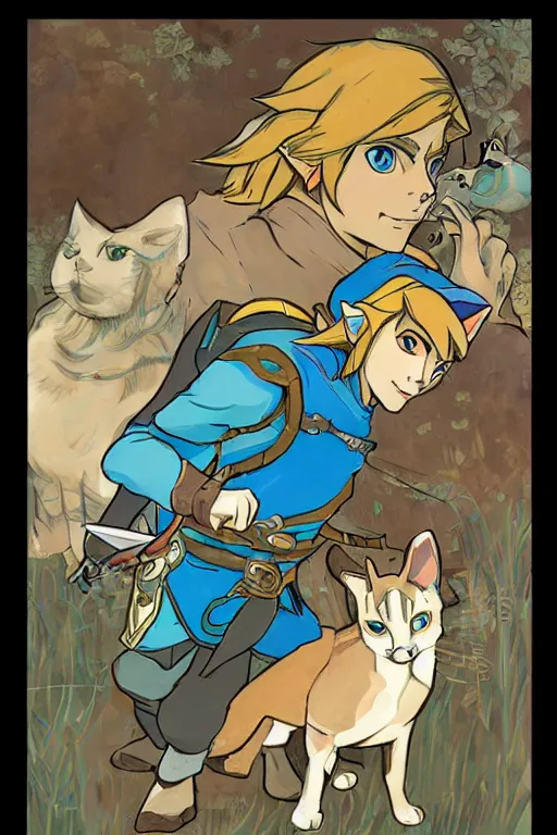 Prompt: link from The Legend of Zelda: Breath of the wild playing with a cat by and mucha,geometric shapes, hard edges ,Visual Communication Design