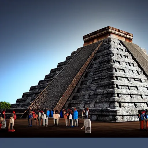 Prompt: Aztec crowd praying in front of a Mayan glowing pyramid, glowing, 8k, photorealistic, blue