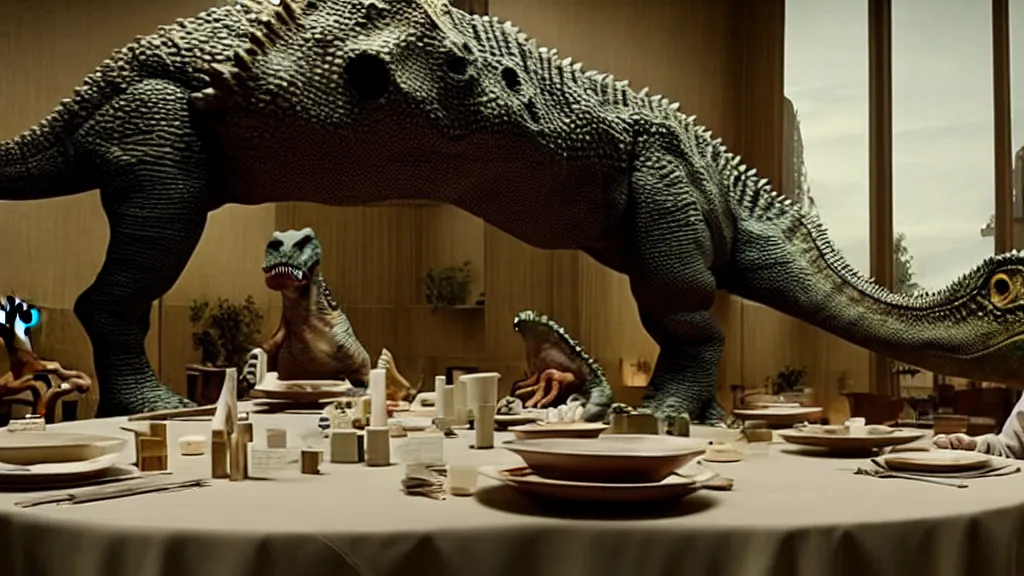 Prompt: the strange dinosaur sits at a table, film still from the movie directed by Denis Villeneuve with art direction by Salvador Dalí, long lens, shallow depth of field