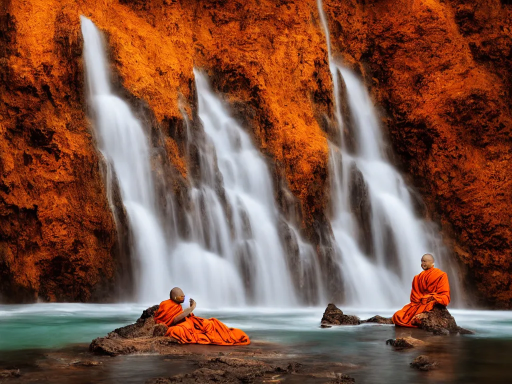 Image similar to dang ngo, annie leibovitz, steve mccurry, a simply breathtaking shot of mediating monk in orange, giantic waterfall, bright moonlight, golden ratio, wide shot, symmetrical