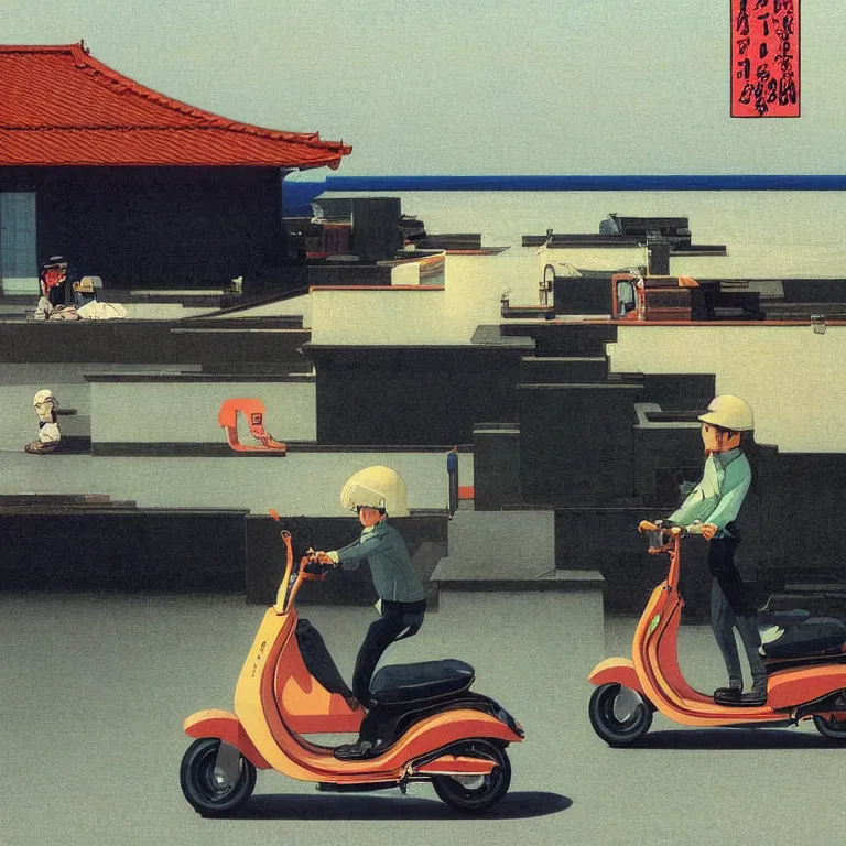 Prompt: electric scooters with magnets that fly over ice, by kawase hasui, moebius and edward hopper, colorful flat surreal design, hd, 8 k, artstation