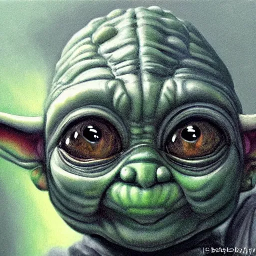 Prompt: detailed painting of a cute baby yoda that looks like a xenomorph, in the style of h r giger and wayne barlowe