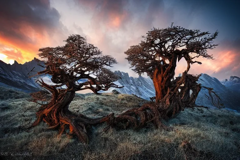 Prompt: A beautiful landscape photography of Ciucas mountains mountains, a dead intricate tree in the foreground, sunset, dramatic lighting by Marc Adamus,