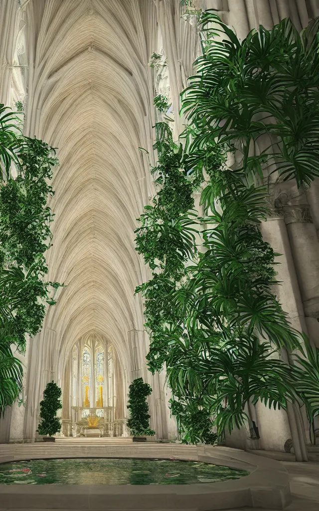 Image similar to beautiful grand cathedral interior with koi! pond!! in the! middle! surrounded by palm trees, ivy, flowers!!, tropical plants, roses!!, and with archways, rendered in octane render with photorealistic volumetric cinematic lighting, wide angle, horizontal symmetry, symmetrical! 8 k