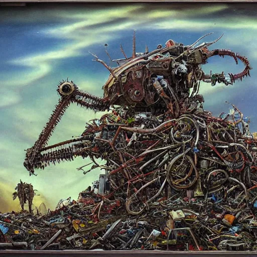 Prompt: A machine made of rubbish with long arms devours other rubbish and creatures in a giant rubbish heap full of strange and terrifying creatures, under a green sky in the distance, bones, corpses, monsters, hell, distorted, creepy, by Dan Seagrave