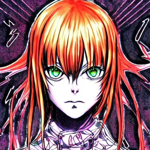 Prompt: symmetrical complex fine detail, black ink & copic markers, vibrant muted colors, disturbing grunge still of a [ solomonic demon infested ] [ asuka langley ]!!!, by yoshitaka amano, by mike allred