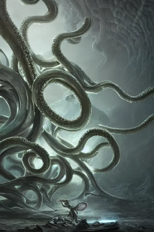 Image similar to giant ancient alien tentacles artwork by yoshitaka amano, pastel colors, detailed background, extremely detailed, octane rendering, sharp focus, volumetric light, particles, unreal engine 5, rtx