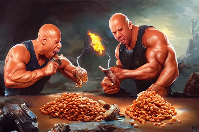 Prompt: vin diesel pouring baked beans into the mouth of dwayne the rock, an oil painting by ross tran and thomas kincade