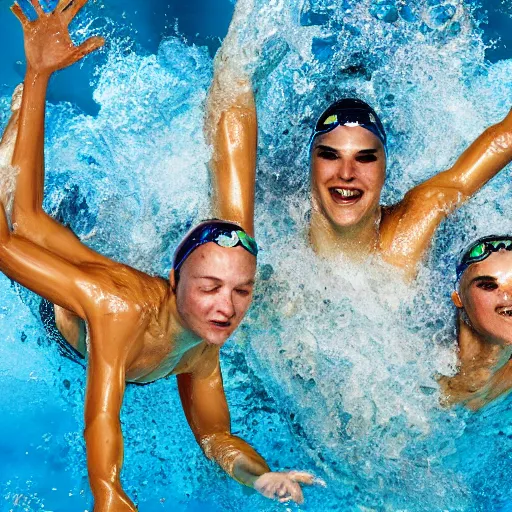 Image similar to uhd photo of olympic swimmers swimming in cheese sause, uhd hyperdetailed photography, photo by annie leibowitz