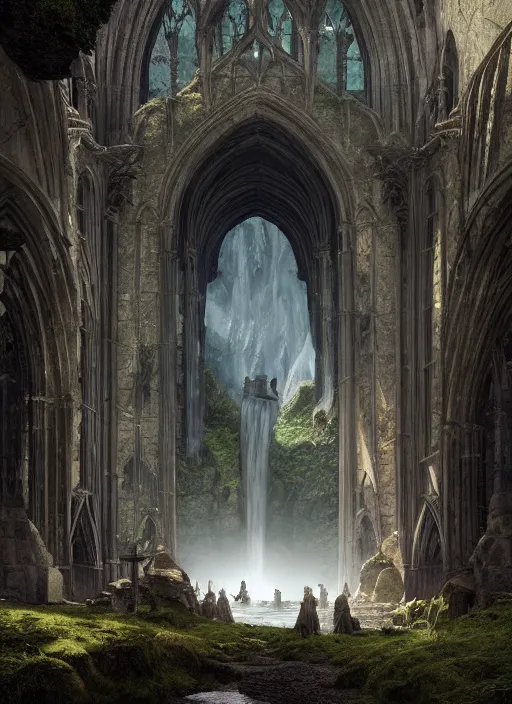 Image similar to medieval adventurers in lord of the rings scenery landscape, inside an enormous overgrown cathedral, waterfall, reflections, magic portal in the sky, highly detailed, cinematic lighting, perfect composition, 4 k, gustave dore, derek zabrocki, greg rutkowski, belsinski, octane render, cgi