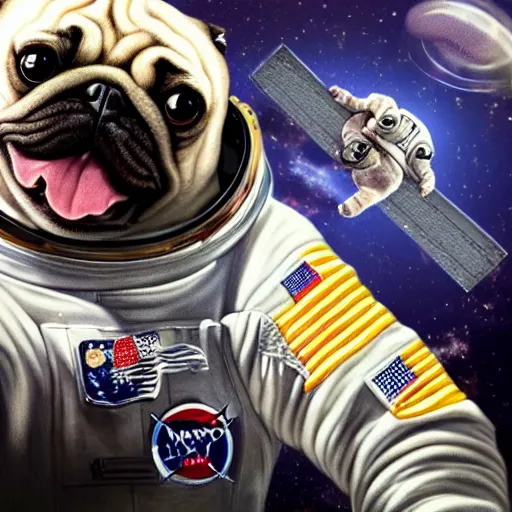 Image similar to hyper realistic, highly detailed, astronaut pug in space.