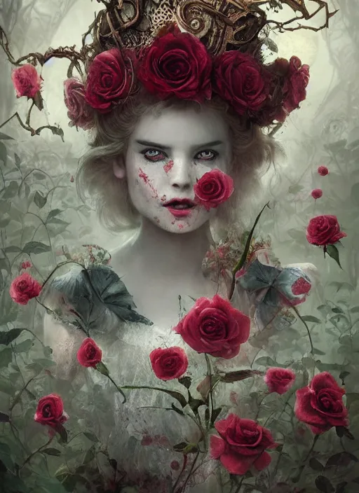 Image similar to Alice in Wonderland,roses,highly detailed,cinematic,8k,by Stanley Artgermm,Tom Bagshaw,Greg Rutkowski,Carne Griffiths, Ayami Kojima, Beksinski, Giger,trending on DeviantArt,hyper detailed,horror, full of colour