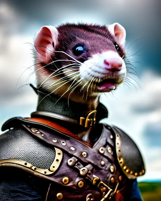 Image similar to ferret warrior, furry, fantasy, viking, high detailed, photography, cloudy, lightweight leather armour, scandinavia, plain, detailed face, look into the distance, serious face, full body, in full growth, professional photographer, masterpiece, 5 0 mm, extremely detailed, digital art 8 k