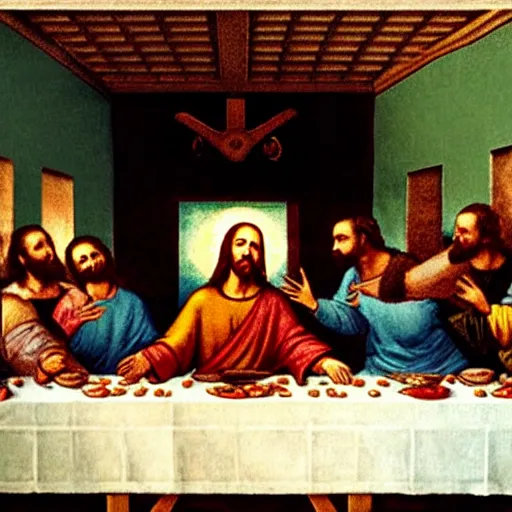 Image similar to jesus having a food fight and screaming in the last supper