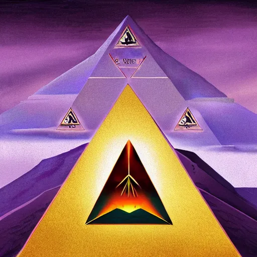 Image similar to concept art of a movie about illuminati, purple mountains in the background and all - seeing eye and a floating pyramid in the foreground, professional drawing, highly detailed, award winning digital art