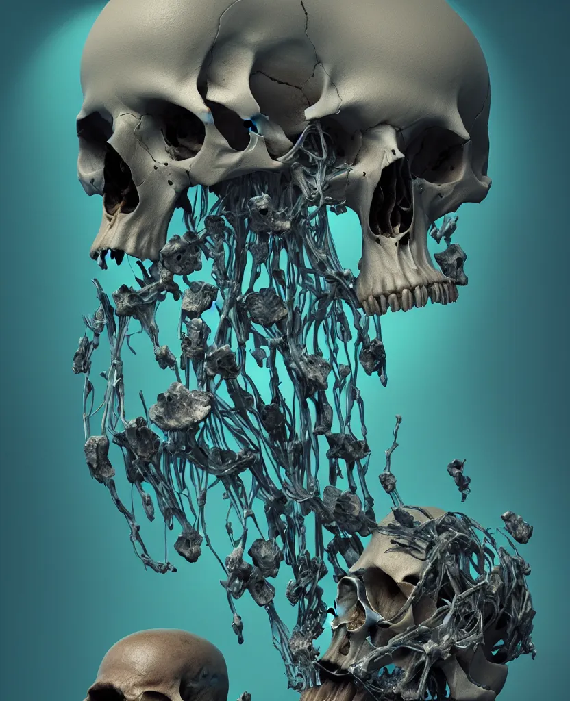 Image similar to composition of human skulls, animals skulls, bones, rib-cage and orchids, bioluminiscent, by Tooth Wu and wlop and beeple. octane render, trending on artstation, greg rutkowski very coherent symmetrical artwork. cinematic, hyper realism, high detail, octane render, 8k