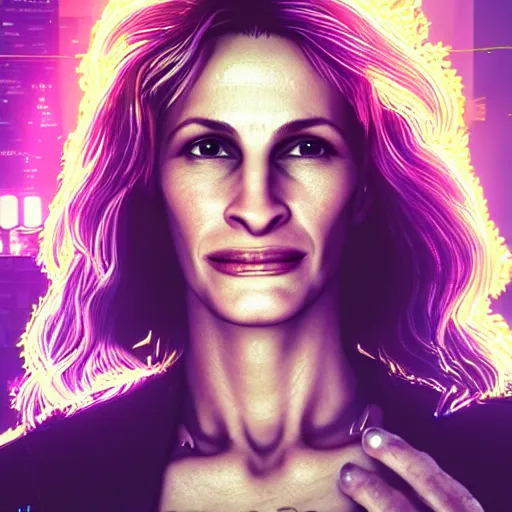 Prompt: julia roberts portrait, cyberpunk 2 0 7 7, cyberpunk v, rogue amendiares, photorealistic, ultra detailed, neon, octane, bokeh, cinematic lighting, cyber, cyberpunk city, studio quality, feature, scars, cyberface, 8 k