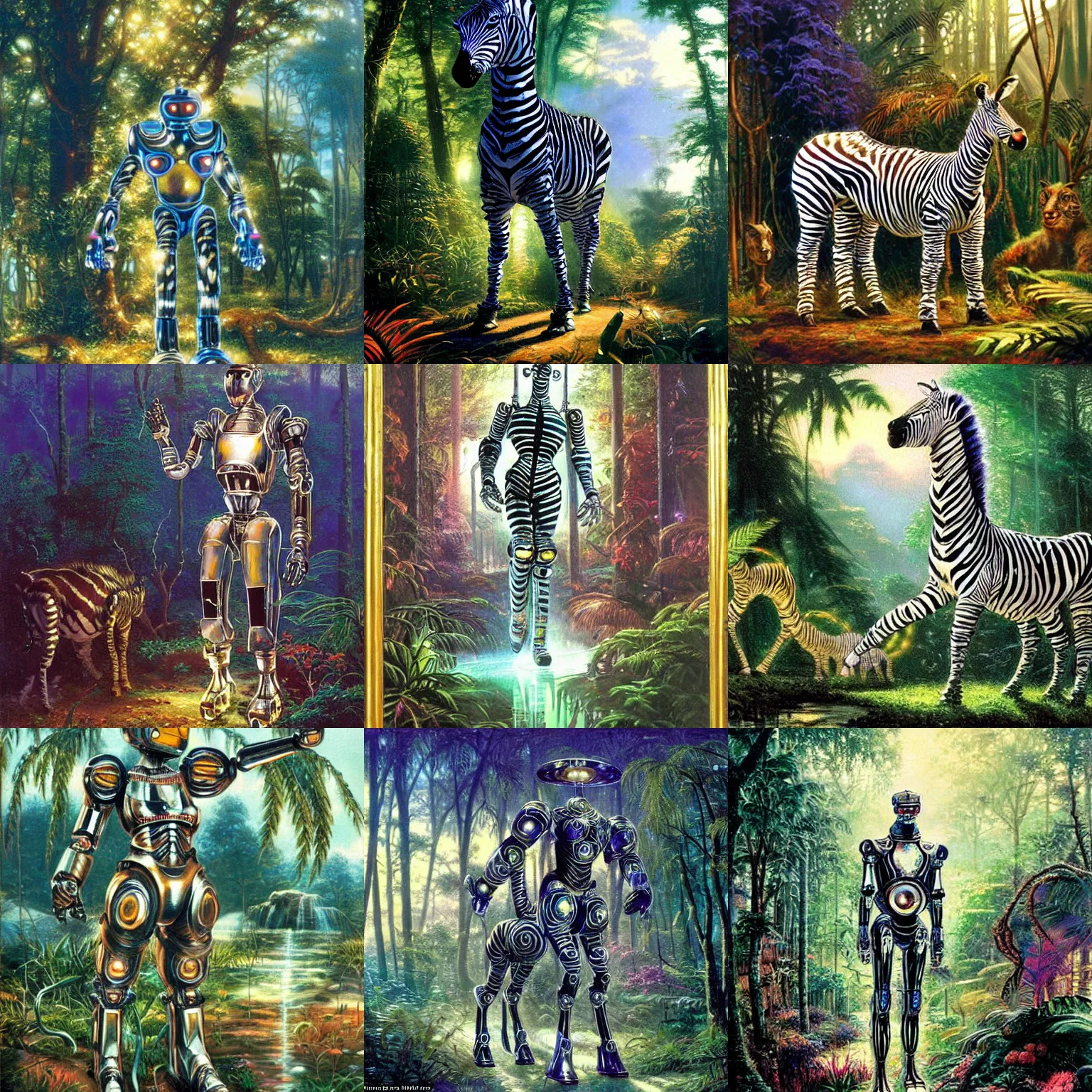 Prompt: a cyber robot zebra made of chrome standing before a light jungle, painting by arthur hughes and brothers hildebrandt and thomas kinkade
