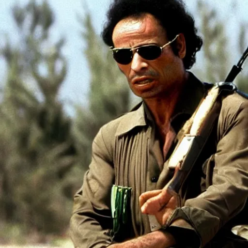 Prompt: A still of Muammar Gaddafi as Rambo in Rambo First Blood (1982)