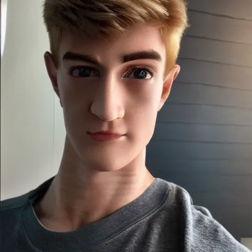 Prompt: a realistic detailed photo of a guy who is an attractive humanoid who is half robot and half humanoid, who is a male android, twitch streamer ninja tyler blevins, shiny skin, posing like a statue, blank stare, in a living room, on display, showing off his muscles