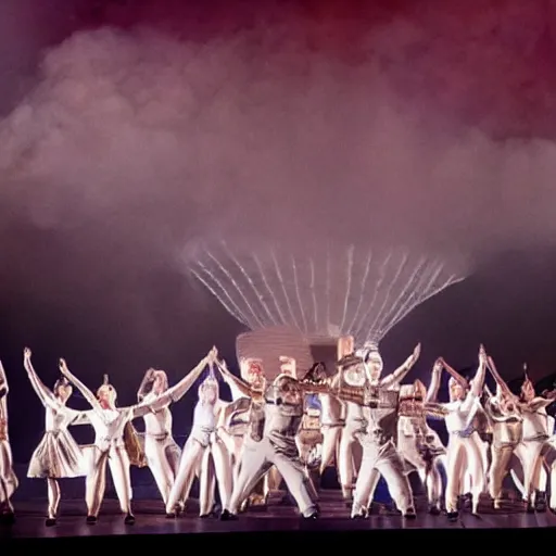 Image similar to award winning Production photo of the Hindenburg disaster the musical on broadway, dancing, singing, costumes by Julie Taymor, set design by Julie Taymor