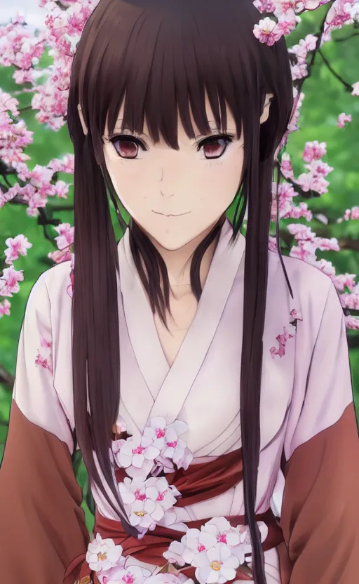 Image similar to anime style, gta 5, portrait of girl, yukata clothing, sakura tree in background, brown short hair, hair down, symmetrical facial features, from arknights, hyper realistic, shoulder eyes, extreme detail, 4 k drawing, safebooru, realistic lighting, by alphonse mucha, greg rutkowski, sharp focus, backlit